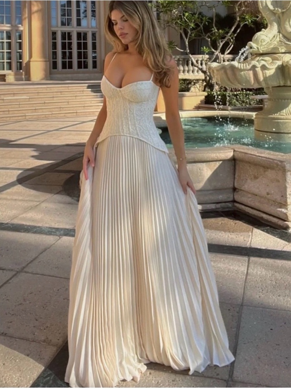 Elegant Ivory Pleated Corset Gown